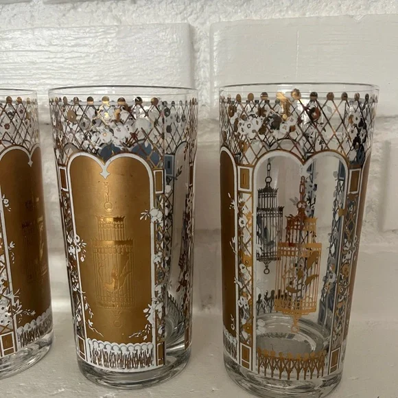 Vintage MCM 22 Karat Gold Rocks Glasses Blue Birdcage Set of 4 Georges Briard - Picture 6 of 14